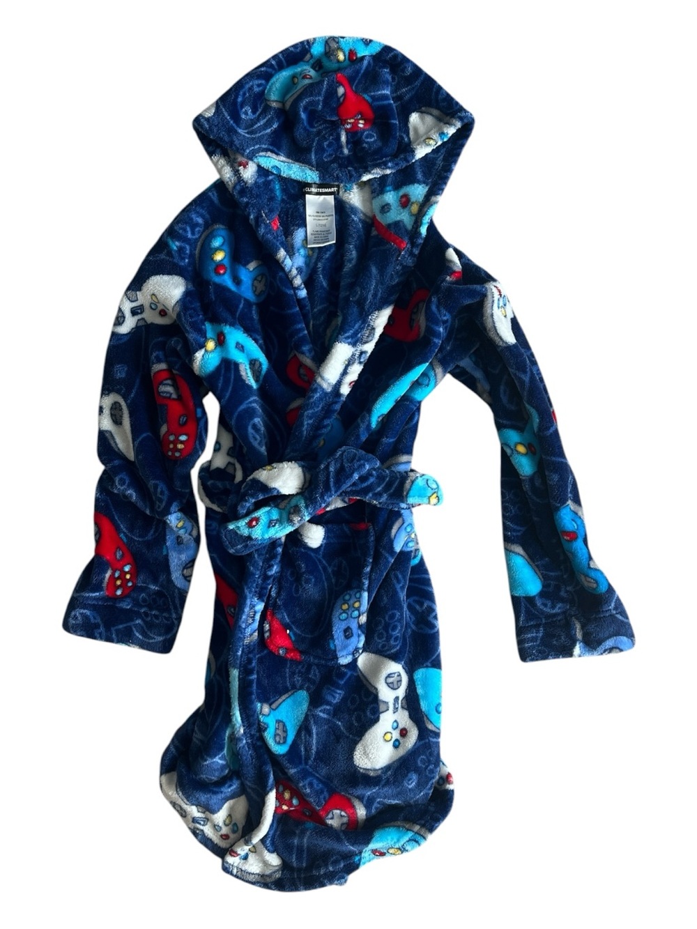 Plush Navy Kids Hooded Robe with Game Controller Pattern Size L (12/14)